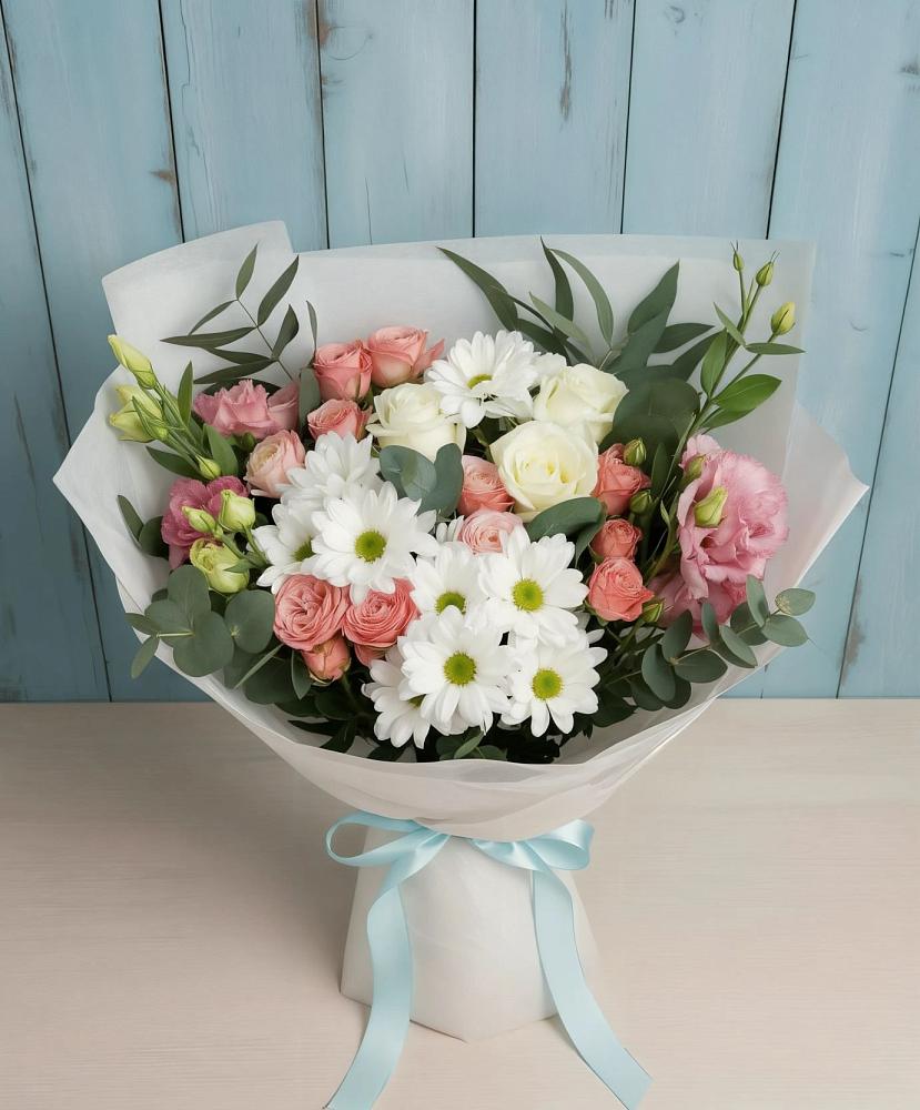 Букет цветов из: Розы, Лизиантусы и Хризантемы в Заветы Ильича