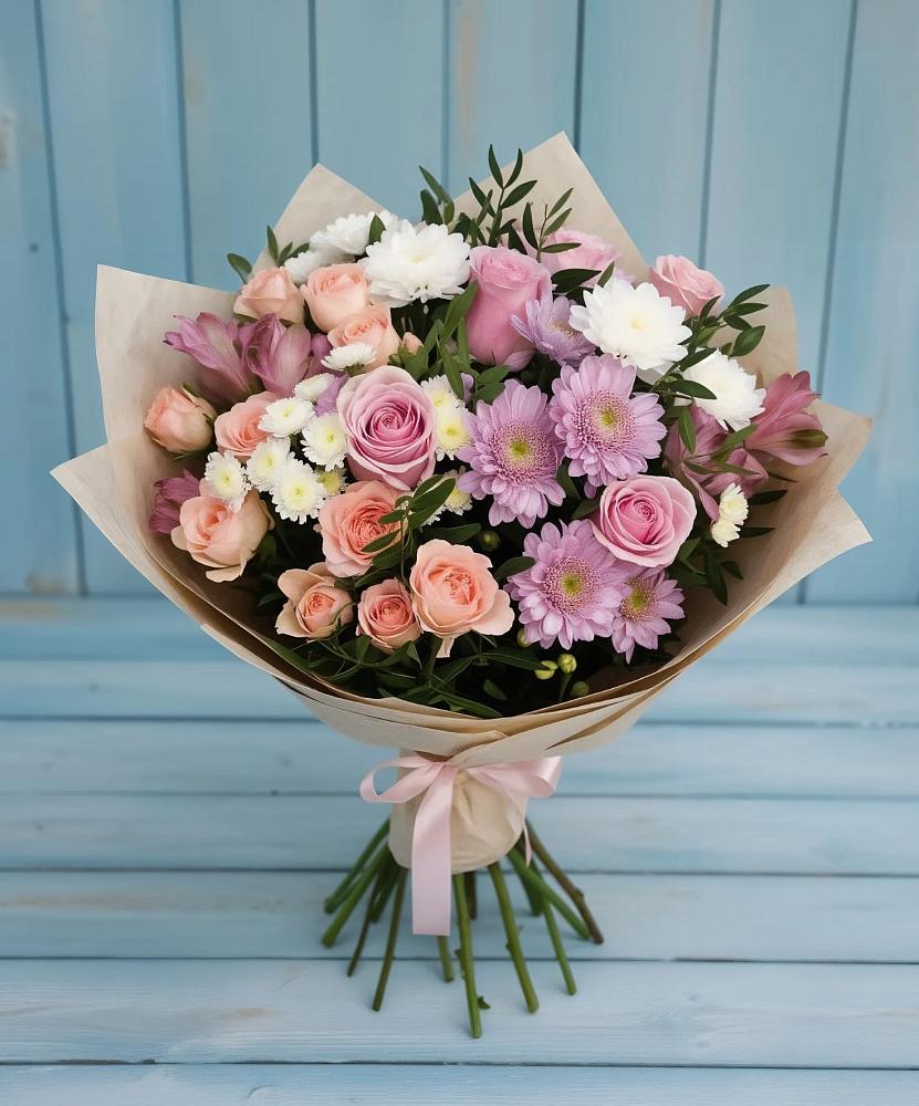Букет цветов из: Хризантемы, Розы и Альстромерии в Заветы Ильича