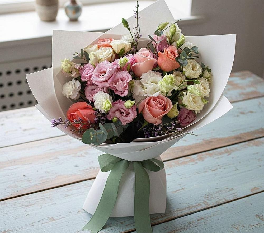 Букет цветов из: Розы, Лизиантусы и Гвоздики в Заветы Ильича