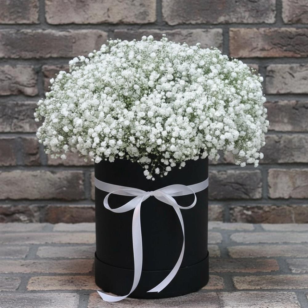 Цветочная композиция из Гипсофила в шляпной коробке в Заветы Ильича