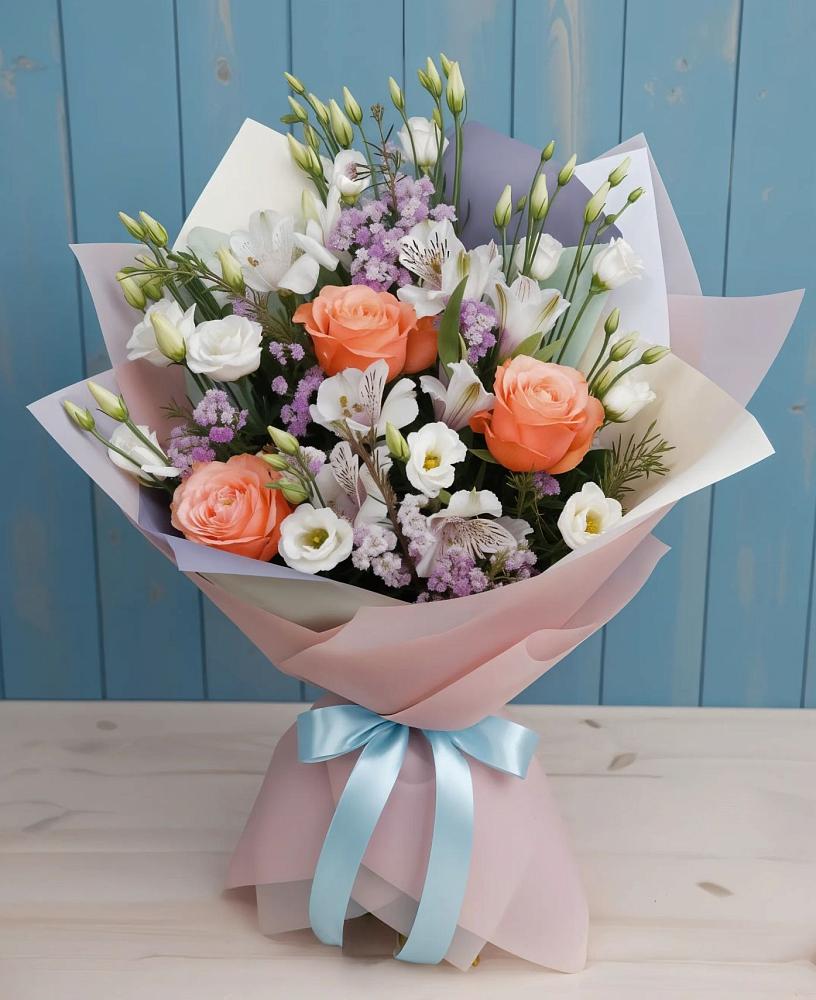 Букет цветов из: Лизиантусы, Розы, Альстромерии и Гипсофила в Заветы Ильича